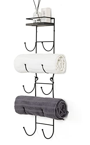 SODUKU Towel Rack Multifunctional Wall Mount Towel Wine Rack with Top Shelf Metal Towel Racks Storage Organizer Holder for Bathroom Bath Kitchen Black