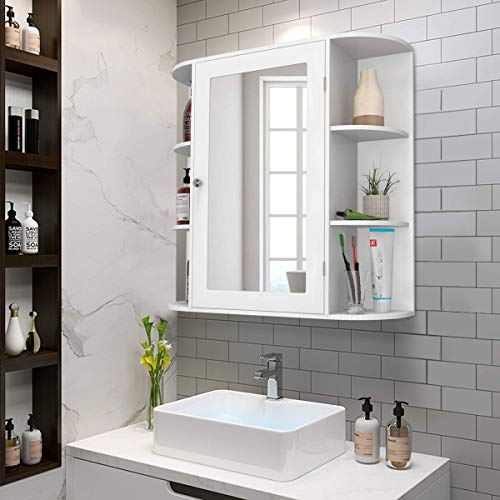 Casart Wall Mounted Bathroom Cabinet with Mirror, Single Door Medicine Cabinet with 4-Tier Inner Shelf