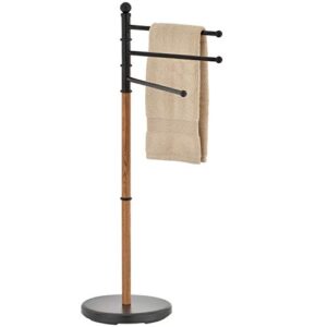 mygift 40 inch black steel freestanding bathroom towel rack with 3 swivel arms and oak wood-tone finish, indoor and outdoor pool spa towel holder