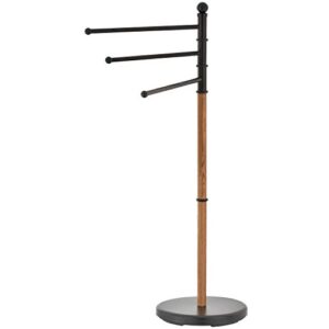 MyGift 40 Inch Black Steel Freestanding Bathroom Towel Rack with 3 Swivel Arms and Oak Wood-Tone Finish, Indoor and Outdoor Pool Spa Towel Holder