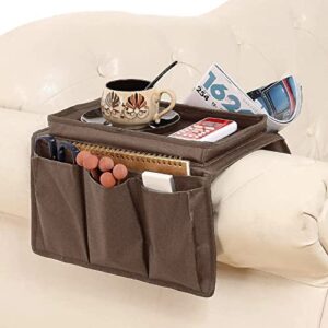 sofa armrest organizer with cup holder, non-slip armchair caddy tv remote control holder sofa tray armchairs table storage bag with 4 pockets for cellphone tablet book drinks(11.8 x 7.1x 7.1 inch)