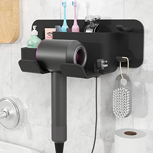 Hollyfly Hair Dryer Holder Wall Mounted, Self-Adhesive Blow Dryer Holder for Dyson, Multi-Functional Hair Dryer Rack, Removable Hair Care Accessories Tool Organizer for Bathroom Salon, Morden Black