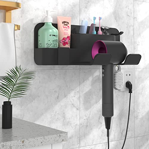 Hollyfly Hair Dryer Holder Wall Mounted, Self-Adhesive Blow Dryer Holder for Dyson, Multi-Functional Hair Dryer Rack, Removable Hair Care Accessories Tool Organizer for Bathroom Salon, Morden Black