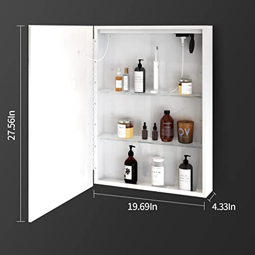 LALAHOO 20" x 28" Medicine Cabinet,LED Bathroom Medicine Cabinet with Outlet, Metal Wall Mounted Bathroom Cabinet with 3 Tier Storage Shelves, 3 Color Temperature Light