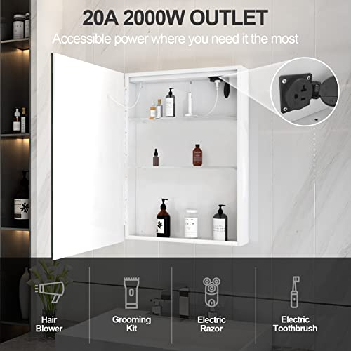 LALAHOO 20" x 28" Medicine Cabinet,LED Bathroom Medicine Cabinet with Outlet, Metal Wall Mounted Bathroom Cabinet with 3 Tier Storage Shelves, 3 Color Temperature Light