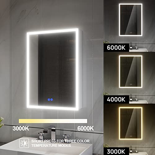 LALAHOO 20" x 28" Medicine Cabinet,LED Bathroom Medicine Cabinet with Outlet, Metal Wall Mounted Bathroom Cabinet with 3 Tier Storage Shelves, 3 Color Temperature Light