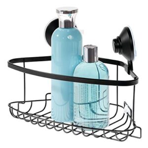 idesign everett metal push lock suction corner shower caddy, extra space for shampoo, conditioner, and soap with hooks for razors, towels, loofahs, and more, 5.58" x 10.58" x 6.67", matte black