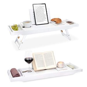 navaris bed and bath tray - wooden rack with folding legs - bamboo bathtub caddy bridge shelf with book or tablet stand - white
