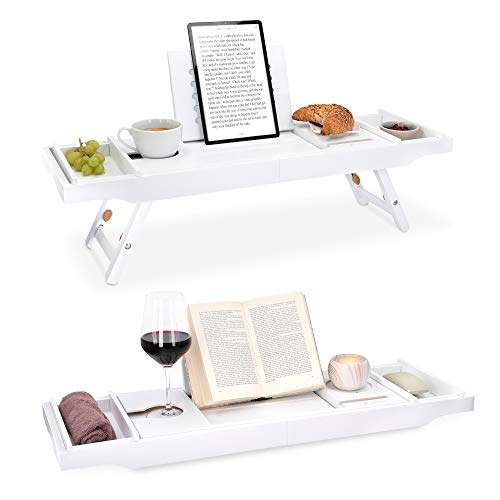 Navaris Bed and Bath Tray - Wooden Rack with Folding Legs - Bamboo Bathtub Caddy Bridge Shelf with Book or Tablet Stand - White