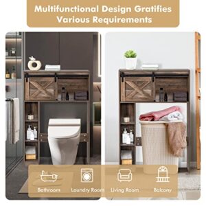 Giantex Over The Toilet Storage Cabinet - Freestanding Bathroom Organizer with Sliding Barn Door & Storage Shelves, Multifunctional Bathroom Toilet Rack for Bathroom, Restroom, Laundry, Brown