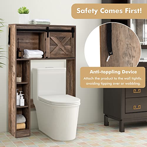 Giantex Over The Toilet Storage Cabinet - Freestanding Bathroom Organizer with Sliding Barn Door & Storage Shelves, Multifunctional Bathroom Toilet Rack for Bathroom, Restroom, Laundry, Brown