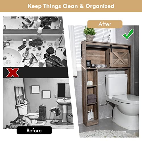 Giantex Over The Toilet Storage Cabinet - Freestanding Bathroom Organizer with Sliding Barn Door & Storage Shelves, Multifunctional Bathroom Toilet Rack for Bathroom, Restroom, Laundry, Brown