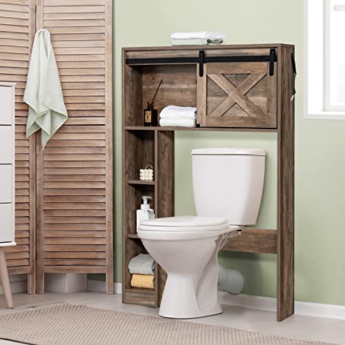 Giantex Over The Toilet Storage Cabinet - Freestanding Bathroom Organizer with Sliding Barn Door & Storage Shelves, Multifunctional Bathroom Toilet Rack for Bathroom, Restroom, Laundry, Brown