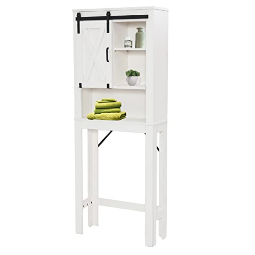 Farmhouse Over The Toilet Storage, Freestanding Over Toilet Bathroom Organizer with Sliding Barn Door, Space Saver Toilet Stands for Bathroom, 68 Inch, White