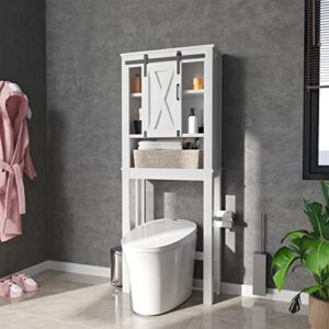 farmhouse over the toilet storage, freestanding over toilet bathroom organizer with sliding barn door, space saver toilet stands for bathroom, 68 inch, white