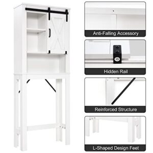 Farmhouse Over The Toilet Storage, Freestanding Over Toilet Bathroom Organizer with Sliding Barn Door, Space Saver Toilet Stands for Bathroom, 68 Inch, White