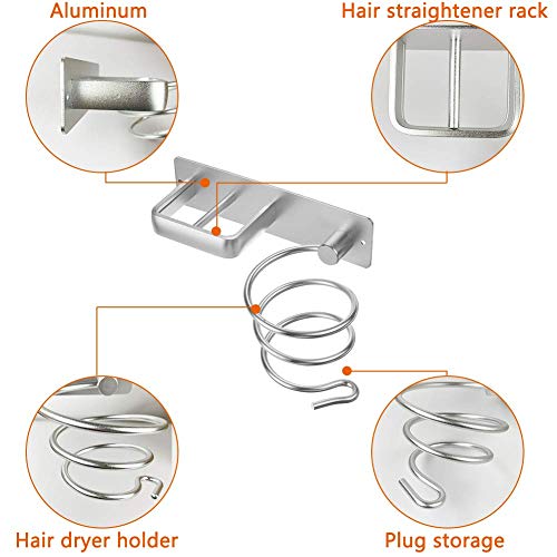 Exttlliy Wall Mount Aluminum Hair Blow Dryer Holder Organizer with Straightener Storage Stand Rack for Bathroom (Not Include Glue) (Silver)