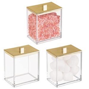 mdesign plastic rectangle apothecary canister - organizer for bathroom vanity countertop shelf decor - holds cotton swabs, soap, makeup, bath salts - lumiere collection - 3 pack - clear/soft brass