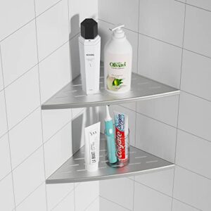 qeke corner shower shelf brushed nickel, 304 stainless steel 11.5” recessed corner shelf bathroom for tiled wall, floating shower shelves shampoo holder, no drilling, 2 pack