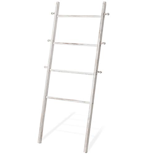 MyGift 5 Ft Tall White Washed Solid Wood Wall Leaning Blanket Ladder, Farmhouse Bathroom Towel Rack 4 Rungs and 6 Pegged Hooks
