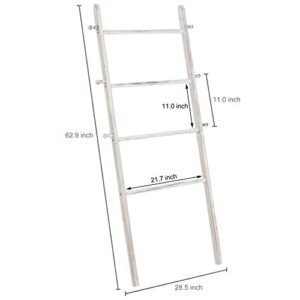 MyGift 5 Ft Tall White Washed Solid Wood Wall Leaning Blanket Ladder, Farmhouse Bathroom Towel Rack 4 Rungs and 6 Pegged Hooks