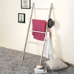 MyGift 5 Ft Tall White Washed Solid Wood Wall Leaning Blanket Ladder, Farmhouse Bathroom Towel Rack 4 Rungs and 6 Pegged Hooks