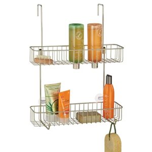 mdesign extra wide metal wire over the bathroom shower door caddy, hanging storage organizer center with built-in hooks and baskets on 2 levels for shampoo, body wash, loofahs - satin