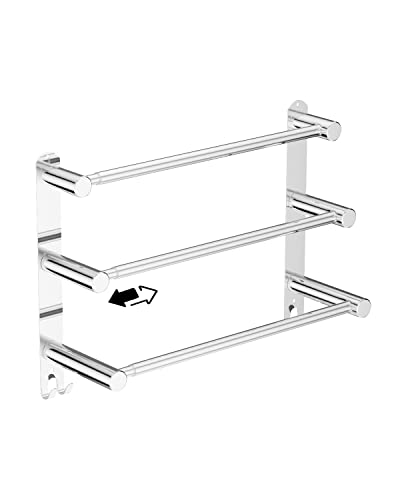 3-Tier Adjustable Ladder Bath Towel Bar 16 to 27.6 Inch, ZUEXT Polish Chrome Stainless Steel Towel Holder Hanger,Wall Mounted Stair Towel Rod for Bathroom Kitchen, Strechable Towel Rail Racks w/Hooks