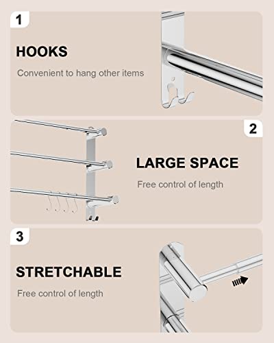 3-Tier Adjustable Ladder Bath Towel Bar 16 to 27.6 Inch, ZUEXT Polish Chrome Stainless Steel Towel Holder Hanger,Wall Mounted Stair Towel Rod for Bathroom Kitchen, Strechable Towel Rail Racks w/Hooks