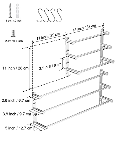 3-Tier Adjustable Ladder Bath Towel Bar 16 to 27.6 Inch, ZUEXT Polish Chrome Stainless Steel Towel Holder Hanger,Wall Mounted Stair Towel Rod for Bathroom Kitchen, Strechable Towel Rail Racks w/Hooks