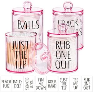 4 pack qtip holder dispenser with lids and labels - 10 oz apothecary jars bathroom vanity canister organizer for cotton balls, pads, swabs, floss (pink)
