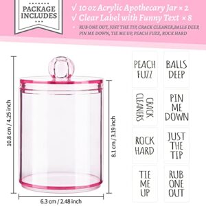 4 Pack Qtip Holder Dispenser with Lids and Labels - 10 oz Apothecary Jars Bathroom Vanity Canister Organizer for Cotton Balls, Pads, Swabs, Floss (Pink)