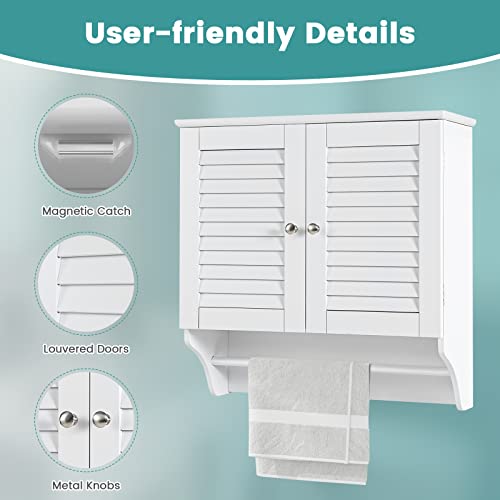 Giantex Bathroom Cabinet Wall Mounted - Hanging Medicine Cabinet with Dual Louvered Doors, Extra Towel Bar, 3-Level Adjustable Shelf, Space-Saving Cabinet for Kitchen, Above Toilet Storage Cabinet