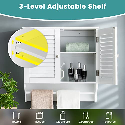 Giantex Bathroom Cabinet Wall Mounted - Hanging Medicine Cabinet with Dual Louvered Doors, Extra Towel Bar, 3-Level Adjustable Shelf, Space-Saving Cabinet for Kitchen, Above Toilet Storage Cabinet