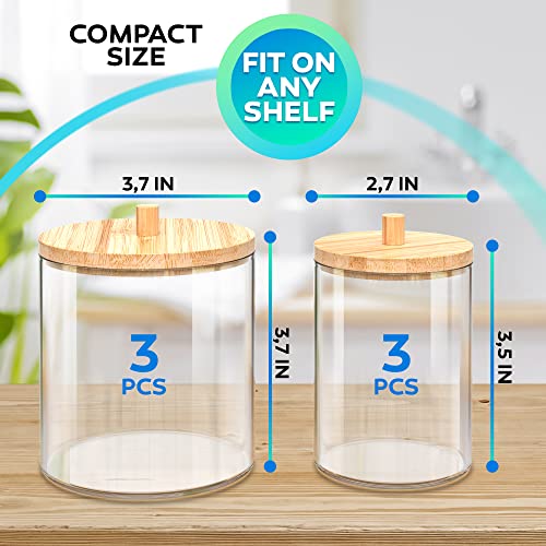 Clear Plastic Apothecary Jars with Lids - Premium Acrylic Qtip Holder Bathroom Set (6 Pack) - 10 Oz Bathroom Canisters for Cotton Ball, Cotton Swab and Cotton Round Pads - Compact Qtip Dispenser