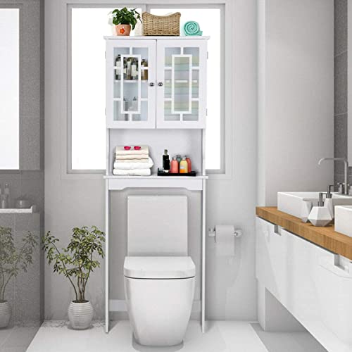 MEDIMALL Over The Toilet Storage Cabinet, Bathroom Space Saver w/ 2 Doors, Inner Adjustable Shelf & Open Storage Space, Anti-Tip Design, Organizer Over Toilet for Most Standard Toilets (White)