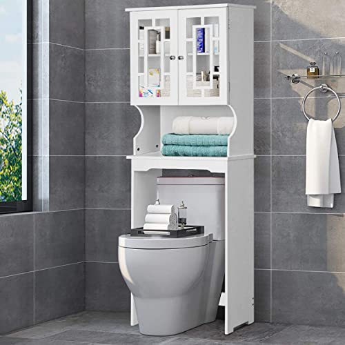 MEDIMALL Over The Toilet Storage Cabinet, Bathroom Space Saver w/ 2 Doors, Inner Adjustable Shelf & Open Storage Space, Anti-Tip Design, Organizer Over Toilet for Most Standard Toilets (White)