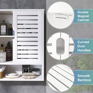 SMIBUY Bathroom Cabinet Wall Mounted, Bamboo Over-The-Toilet Storage Organizer, Space Saver Medicine Cabinet with 2 Door and Adjustable Shelves (White)