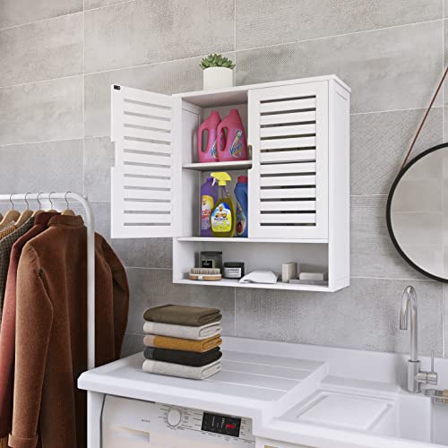 SMIBUY Bathroom Cabinet Wall Mounted, Bamboo Over-The-Toilet Storage Organizer, Space Saver Medicine Cabinet with 2 Door and Adjustable Shelves (White)