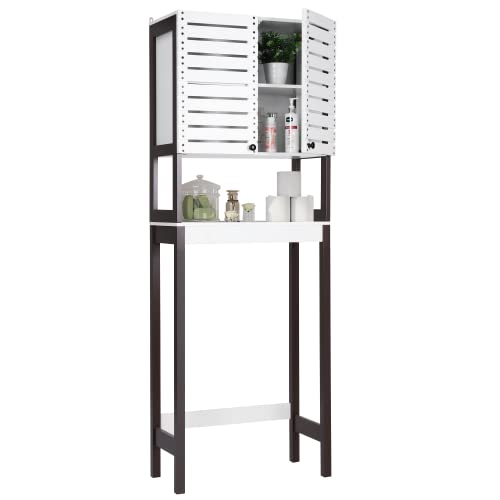 VOWNER Over The Toilet Storage Cabinet, 3-Tier Bathroom Organizer with Louvered-Style Doors and Adjustable Shelf, White and Coffee Brown MDF Board