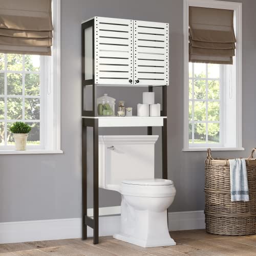 VOWNER Over The Toilet Storage Cabinet, 3-Tier Bathroom Organizer with Louvered-Style Doors and Adjustable Shelf, White and Coffee Brown MDF Board