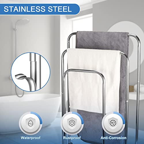 Towel Rack Standing Hand Towel Holder for Bathroom, 3 Tier Stainless Steel Towel Countertop Holder Stand, Waterproof Tower Stand for Bathroom Kitchen Outdoor Chrome Finish