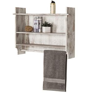 mygift wall mounted whitewashed wood bathroom shelf organizer storage rack with 3 tier shelving and 23 inch hand towel bar