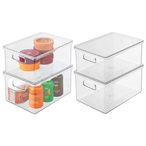 mdesign plastic storage bin box container, lid, built-in handles, organization for makeup, hair styling tools, accessories in bathroom cabinet, cupboard shelves, ligne collection, 4 pack, clear/clear