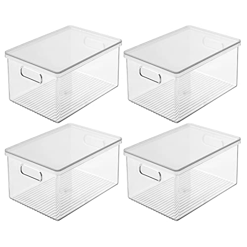 mDesign Plastic Storage Bin Box Container, Lid, Built-in Handles, Organization for Makeup, Hair Styling Tools, Accessories in Bathroom Cabinet, Cupboard Shelves, Ligne Collection, 4 Pack, Clear/Clear