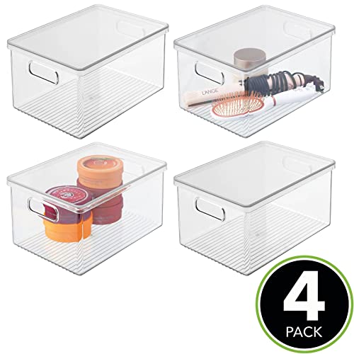 mDesign Plastic Storage Bin Box Container, Lid, Built-in Handles, Organization for Makeup, Hair Styling Tools, Accessories in Bathroom Cabinet, Cupboard Shelves, Ligne Collection, 4 Pack, Clear/Clear