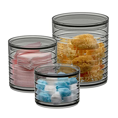 Amazing Abby - Inspire - Acrylic Headband Organizer (3-Piece Set), Plastic Apothecary Jars for Vanity, Bathroom Canisters, Midnight Grey, Great for Hairbrush, Beauty Supplies, Bath Sponges, and More