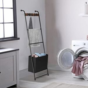 metal blanket ladder towel rack bathroom towel holder wall leaning blanket ladder with storage bin decorative ladder rack for pool drying bar for towels quilt storage organizer with hooks, black