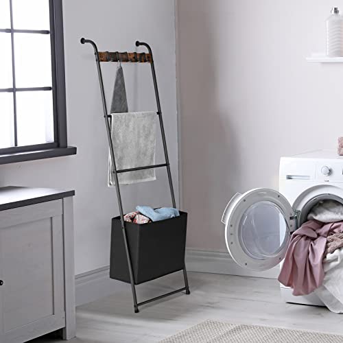 Metal Blanket Ladder Towel Rack Bathroom Towel Holder Wall Leaning Blanket Ladder with Storage Bin Decorative Ladder Rack for Pool Drying Bar for Towels Quilt Storage Organizer with Hooks, Black