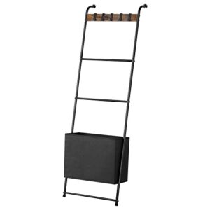 Metal Blanket Ladder Towel Rack Bathroom Towel Holder Wall Leaning Blanket Ladder with Storage Bin Decorative Ladder Rack for Pool Drying Bar for Towels Quilt Storage Organizer with Hooks, Black